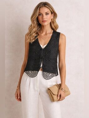 Marnie West Vintage-style Black Soutache Ribbon Lace Vest